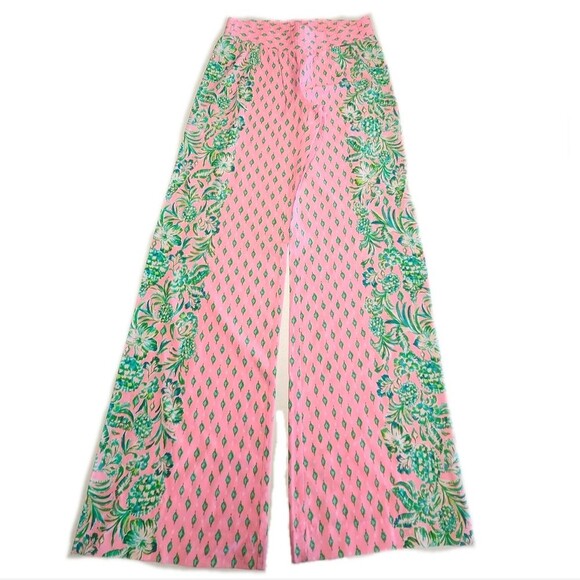 Lilly Pulitzer Elastic Waistband Wide Leg Palazzo Pants Pink & Green, XS - Picture 9 of 15